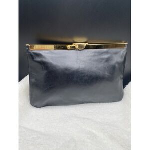 Vtg Black Mid Century Leather Gate Top Clutch Handbag Purse Square Opening